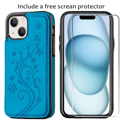 Wallet Case Compatible with iPhone 15,Slim Protective case with Card Holder,Premium PU Leather Kickstand Card Slots with Double Magnetic Clasp for iPhone 15(6.1")-Blue Butterfly - color: Blue