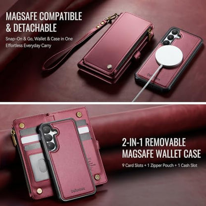 Defencase for Galaxy S26 Case Wallet Compatible with Magsafe 6.3", Wine Red | Magnetic Detachable, with RFID Bolcking Card Holder, Zipper Strap, PU Leather Drop-Proof Phone Cover for Samsung Galaxy S26 - color: (Detachable with Magsafe)-Wine Red
