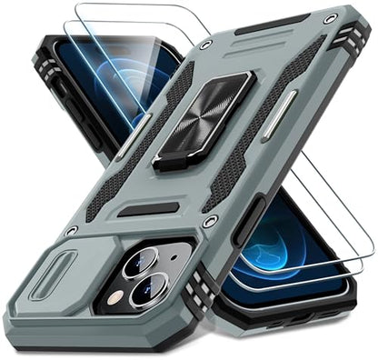 DEERLAMN Case for iPhone 15 with Slide Camera Cover + Screen Protector (2 Packs), Rotated Ring Kickstand Military Grade Shockproof Protective Cover-Grey - color: Grey