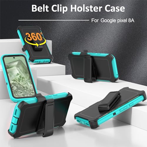 Compatible with Google Pixel 8A Case, with Belt Clip Holster Heavy Duty Rugged Shockproof Full Body Protection Kickstand Phone case for Google Pixel 8A 5G (Teal+ Black) - color: Teal+ Black