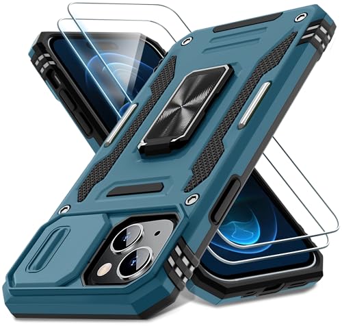 DEERLAMN Case for iPhone 15 with Slide Camera Cover + Screen Protector (2 Packs), Rotated Ring Kickstand Military Grade Shockproof Protective Cover-Light Blue - color: Light Blue