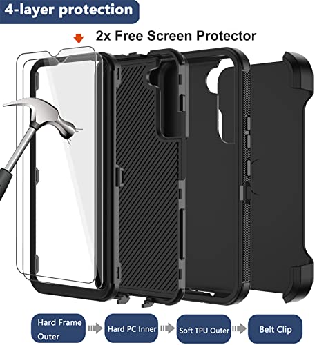 for Samsung Galaxy S22 Case with Belt Clip Holster, 2X Screen Protector, [Military Grade Protection] Heavy Duty Full Body Shockproof Dust-Proof Rugged Protective Cover for Samsung S22 5G (Black B) - color: Black-B