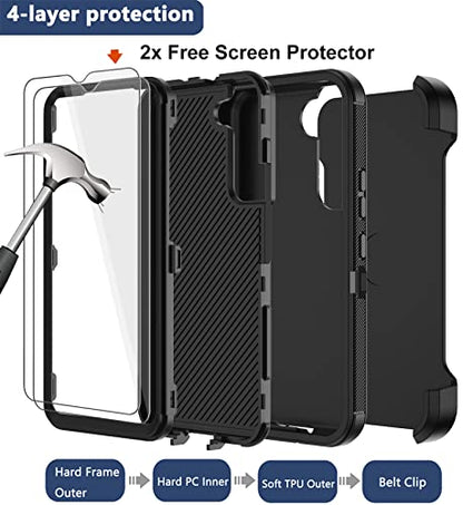 for Samsung Galaxy S22 Case with Belt Clip Holster, 2X Screen Protector, [Military Grade Protection] Heavy Duty Full Body Shockproof Dust-Proof Rugged Protective Cover for Samsung S22 5G (Black B) - color: Black-B