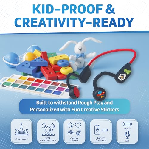 Kids Bluetooth Headphones, Air Conduction Open-Ear Headphones, Mic/Touch, 85dB Limit, Parental Control, Clear Audio, Lightweight, Rugged & Durable, IP54/20H, Earbuds for School/Travel - Blue - color: Blue
