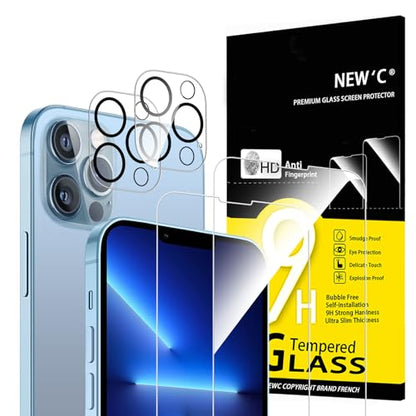 NEW'C 4 Pack, 2 Pack for iPhone 13 Pro Max Screen Protector + 2 Pack Camera Lens Protector, Sensor Protection,Case Friendly Tempered Glass Film - size: 13 Pro Max 6.7 inches