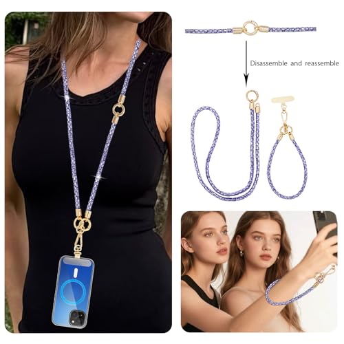 Crystal Phone Lanyard Crossbody Adjustable Rhinestone Anti-Theft Phone Strap Crossbody Cell Phone Neck Strap for Women - color: Violet