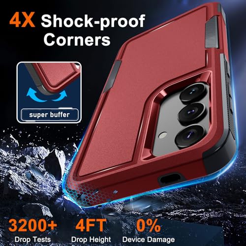 Case for Samsung Galaxy S24 FE, Full Body Heavy Duty Rugged Shockproof Protective Phone Cover with Lanyard Strap, Tempered Glass Screen Protector and Camera Lens Cover, Red | Rugged Shockproof Protective Case,with Tempered Glass Screen Protector + Camera