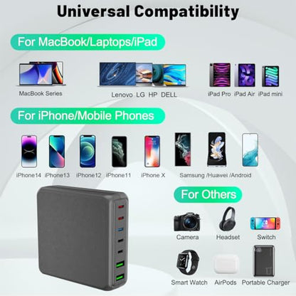 USB C Charger Block, 260W 7-Port Desktop USB C Charger, 2x65W Ports Laptop Charging Compatible with MacBook Pro/Air, iPad Series,iPhone 14/13/Mini/Pro/13Pro Max/12, Galaxy - color: grey