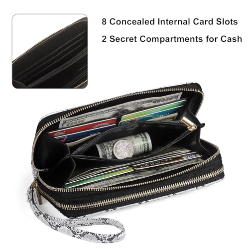 Double Zipper Wallet for Women That Hold Big Cell Phone with 17 Card Slots and Coin Pocket, RFID Blocking Anti Theft, Snakeskin - color: White Snakeskin