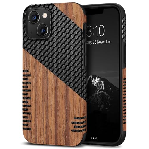 TENDLIN Compatible with iPhone 13 Case Wood Grain with Carbon Fiber Texture Design Leather Hybrid Slim Case (Twill) - color: Twill