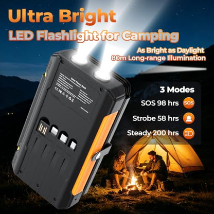 Solar Charger Power Bank 20000mAh Portable Charger Built-in 4 Cables(Micro/USB-C/Ios Output Cable,USB-A Input Cable) & 4 Solar Panels, 15W Fast Charging Battery Pack with Flashlight for Camping Travel