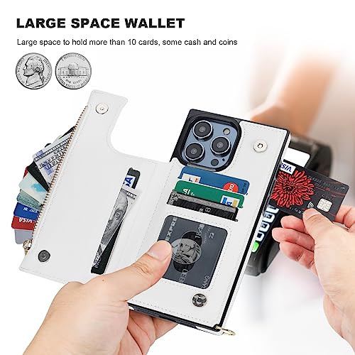 Bocasal Crossbody Wallet Case with Strap for iPhone 13/14, White | RFID Blocking Card Slot Holder, Magnetic Flip Folio Purse Case, PU Leather Zipper Handbag Detachable Lanyard Strap 6.1 Inch - color: White