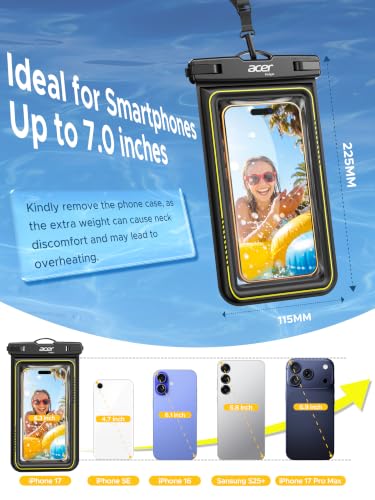 acer Floating Waterproof Phone Pouch, IPX8 Waterproof Phone Case 2 Pack | Cell-Foam & Sensitive Touch, Beach/Cruise/Kayak/Ship Essentials for iPhone 17/16/15 Pro Max, Galaxy S25 Ultra - 7"