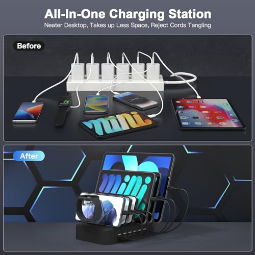 MSTJRY 90W 6-Port USB C Fast Charging Station for Multiple Devices, Multi PD Charger Station for iPhone iPad Tablet Phone, Charging Dock Organizer with Adjustable Dividers for Home Office Classroom