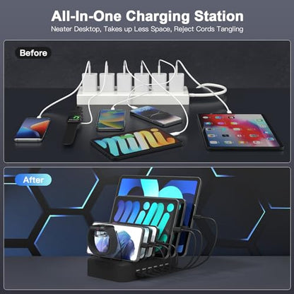 MSTJRY 90W 6-Port USB C Fast Charging Station for Multiple Devices, Multi PD Charger Station for iPhone iPad Tablet Phone, Charging Dock Organizer with Adjustable Dividers for Home Office Classroom