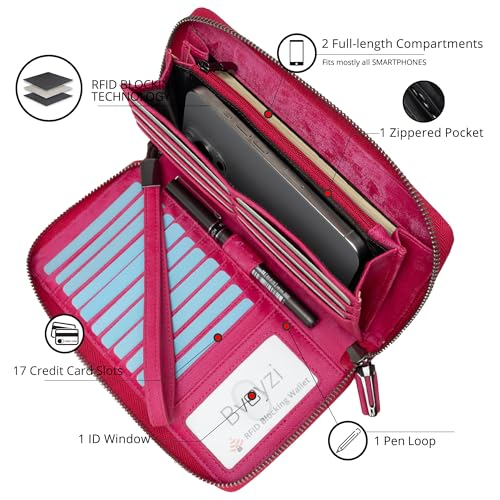 Bveyzi Women RFID Blocking Wallet Leather Zip Around Phone Clutch Large Capacity Ladies Travel Purse Wristlet - color: Hot Pink