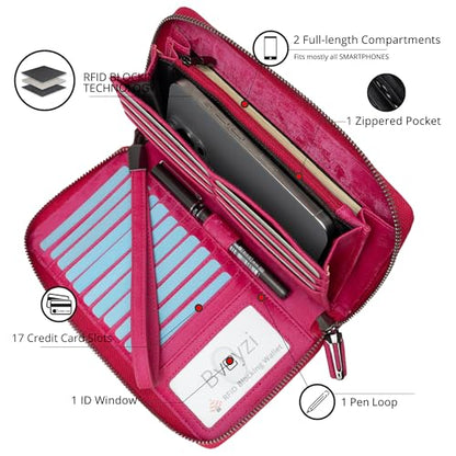 Bveyzi Women RFID Blocking Wallet Leather Zip Around Phone Clutch Large Capacity Ladies Travel Purse Wristlet - color: Hot Pink