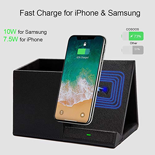 COSOOS Fast Wireless Charger with Desk Organizer, Desk Phone Charger Compatible with 15/15 Pro/15 Pro Max/14/13/12/11/XS/8 Plus, Galaxy S21/S20+/S10/Note 10/Note 9/(No AC Adapter) - color: Black
