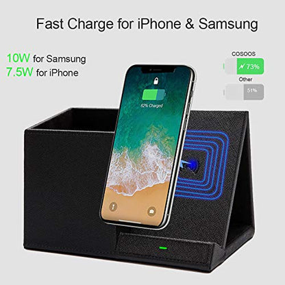 COSOOS Fast Wireless Charger with Desk Organizer, Desk Phone Charger Compatible with 15/15 Pro/15 Pro Max/14/13/12/11/XS/8 Plus, Galaxy S21/S20+/S10/Note 10/Note 9/(No AC Adapter) - color: Black