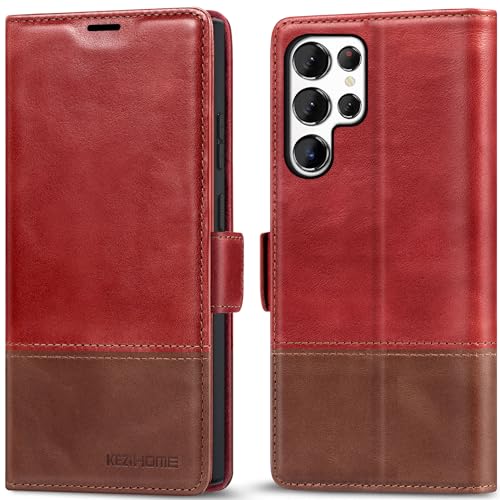 KEZiHOME Genuine Leather Wallet Case for Samsung Galaxy S24 Ultra | Red/Brown, RFID Blocking Card Slot, Kickstand, Magnetic Protective Phone Folio Cover, Compatible with Galaxy S24 Ultra - color: Red/Brown