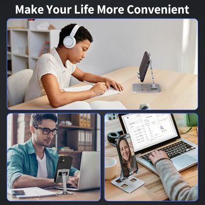 Foldable Cell Phone Stand, Angle Height Adjustable Desktop Holder, Universal, Compatible with iPhone, Samsung, Switch and All Smartphones, Silver