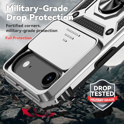 for iPhone Air Case, with Slide Camera Cover HD Screen Protector [Military Grade 16ft. Drop Tested] Ring Holder Kickstand Protective Phone Case for Apple iPhone Air 2025, Silver - color: Silver w/ Slide Camera 2nd gen. Military Grade