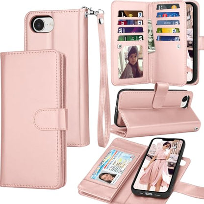 Tekcoo Wallet Case Compatible with iPhone 16E 2025 (6.1 inch) Luxury ID Cash Credit Card Slots Holder [Detachable Magnetic Hard Case] Carrying Pouch Folio Flip PU Leather Cover [Rose Gold] - color: Rose Gold, size: 16E 2025