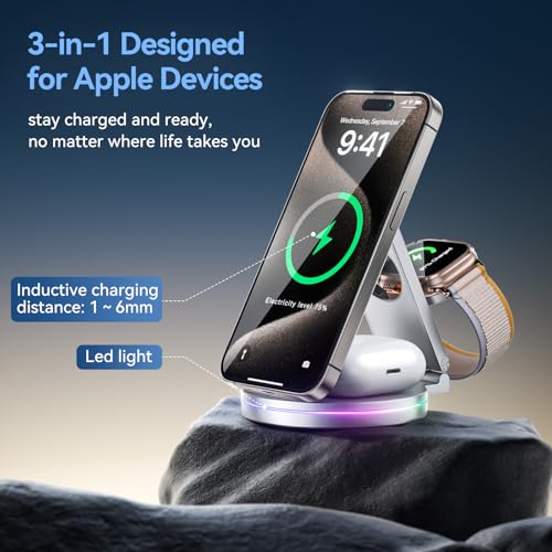 3 in 1 Wireless Charging Station for Apple Charger, 15W Fast Mag-Safe Qi-Certified Magnetic Portable Charger Stand for iPhone 1615141312 Apple Watch AirPods 3/2 Pro, Adjustable Angle (Silver, Qi)