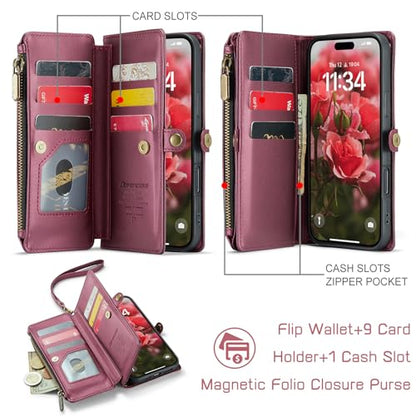 Defencase for iPhone 17 Wallet Case with RFID Blocking Card Holder, WineRed | Durable Soft PU Leather, with Zipper Pocket, Wrist Strap, Fashion Snap Flip Phone Cases Cover with Stand for Women and Men - color: Wine Red