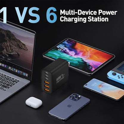 65W USB C Charger Block,6-Port Multi Device Fast Charger PD QC Wall Adapter - color: Black, size: 65w
