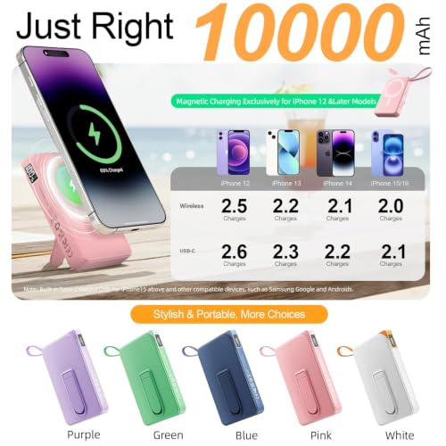 for Magsafe Power Bank iPhone, USB C Magnetic Portable Charger Fast Charging Built in Cable, 10000mAh Wireless Battery Pack for iPhone17/16/15/14/13/12