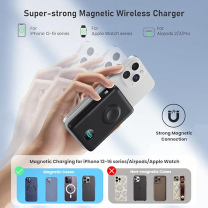 Ekrist Magnetic Portable Charger 10800mAh for MagSafe with Built-in Cable,iWatch Charger,Wireless Power Bank Travel Essentials,25W Fast Charging Battery Pack for iPhone 18/17/16/15,Apple Watch(Black) - color: Black