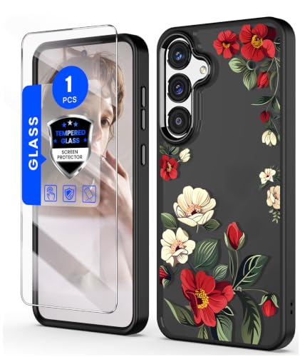 Crystal Clear Flower Pattern Case for Samsung Galaxy S26 FE-Black | Girl Women Slim Soft TPU + Hard PC Military Grade Protective Phone Cover WithTempered Glass Screen Protector for S26 FE - color: S26 FE-Black