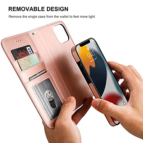 Bocasal Detachable Wallet Case Card Holder for iPhone 13, Rose Gold | RFID Blocking Kickstand Card Slots Holder PU Leather Magnetic Shockproof Wrist Strap Removable Flip Protective Cover 6.1 inch - color: Rose Gold
