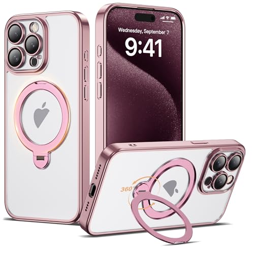 Compatible with iPhone 15 Pro Case with 360° Spin Magnetic Ring Stand [Compatible with Mag-Safe] Camera Lens Protector Plating Clear Phone Case for iPhone 15 Pro 6.1", Pink - color: Pink, size: Iphone 15 Pro