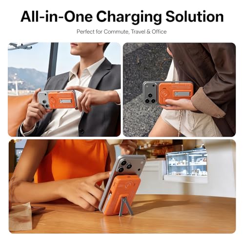 Q Magnetic Wireless Portable Charger 10,000mAh, Travel Essentials Power Bank with Built-in Cables & Foldable Stand, External Battery Pack Compatible with iPhone 17/16/15/14/13/12, Apple Watch - color: Orange