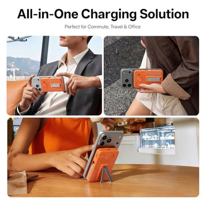 Q Magnetic Wireless Portable Charger 10,000mAh, Travel Essentials Power Bank with Built-in Cables & Foldable Stand, External Battery Pack Compatible with iPhone 17/16/15/14/13/12, Apple Watch - color: Orange
