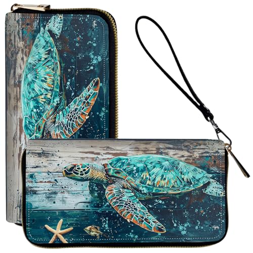 Ladies Wallet,Clutch Purses for Women Wallets Leather Credit Card Holder for Women Wristlet Slim Small Cute with Zipper,Thin RFID Blocking with Wrist Strap,Wood Sea Turtle - color: Wood Sea Turtle