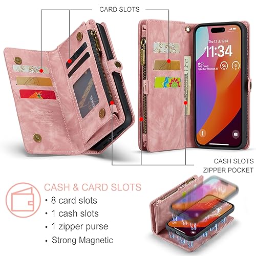 Compatible with iPhone 15 Pro Wallet Case with Magsafe, Pink | Magnetic Detachable Case,Card Holder,Zipper Pocket,Strap Wristlet, Soft Leather Drop-Proof Phone Case for iPhone 15 Pro - color: Pink, size: iPhone 15 Pro 6.1"