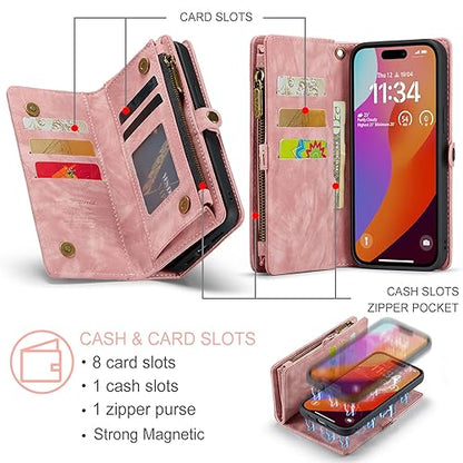 Compatible with iPhone 15 Pro Wallet Case with Magsafe, Pink | Magnetic Detachable Case,Card Holder,Zipper Pocket,Strap Wristlet, Soft Leather Drop-Proof Phone Case for iPhone 15 Pro - color: Pink, size: iPhone 15 Pro 6.1"