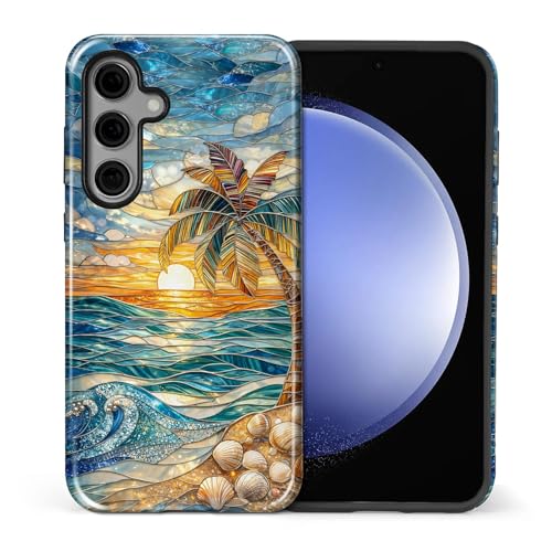 for Samsung Galaxy S25 FE Case, Shockproof 2-in-1 Double Protective Cover for Women Girls Men Boys, Exquisite Design Anti Scratch Stylish Phone Case Aesthetic, Stained Glass Beach Palm - color: Stained Glass Beach Palm, size: Galaxy S25 FE