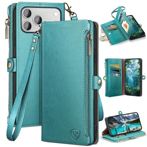 XcaseBar Compatible with iPhone 17 Pro 6.3" Wallet case with Zipper Credit Card Holder【RFID Blocking】,Flip Folio Book PU Leather Phone case Shockproof Cover Women Men for Apple 17 Pro case Blue Green - color: Blue Green, size: iPhone 17 Pro 6.3"