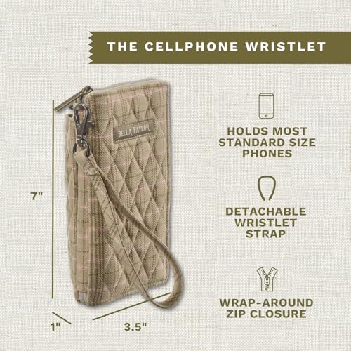 Bella Taylor Cell Phone Wristlet, Quilted Phone Wallet for Women | Lightweight, RFID blocking, phone pocket, built-in wallet, card organizer, coin pocket, secure zipper, quality construction - color: Willow Plaid
