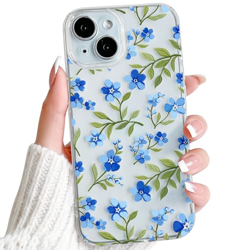 NITITOP Compatible with iPhone 15 Pro Case Clear Cute Flower - Blue | Branch, Floral, Precision camera cutouts, For girl woman, Slim fit, Soft TPU, Shockproof - color: Blue