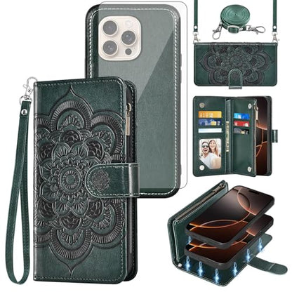 Asuwish Phone Case for iPhone 16 Pro 6.3 inch Zipper Wallet Detachable Cell Cover with Tempered Glass Screen Protector Crossbody Lanyard Strap Flower Card Holder i Phone16 i16 16Pro Women Dark Green - color: Dark Green