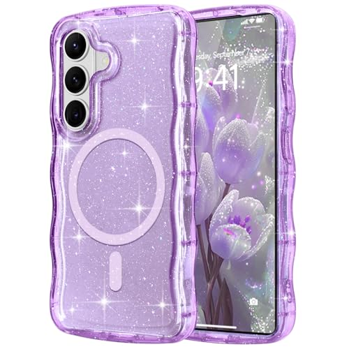 Pepmune Magnetic for Samsung Galaxy S26 Case Clear Glitter, Purple | Sparkly Bling Shiny Cute Curly Wave Cover for Women Men, Compatible with MagSafe, TPU Shockproof Protective Phone Case - color: Purple, size: Samsung Galaxy S26