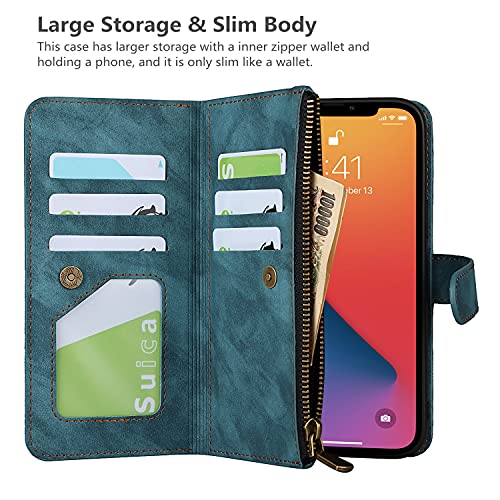 iCoverCase Compatible with iPhone 13 Wallet Phone Case with Card Holder, PU Leather Zipper Pocket Magnetic Detachable Flip Case with Wrist Strap (Blue) - color: Detachable--Blue