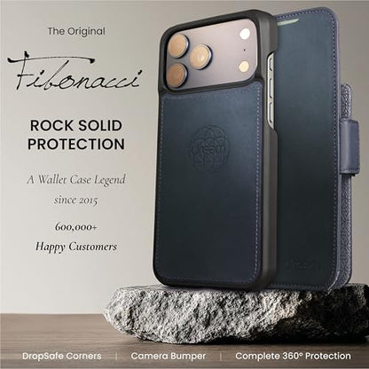 Dreem Real Leather Magnetic Detachable Wallet Case for iPhone 17 Pro | Revolutionary Vert/Hor Phone Stand, RFID Blocking Card Holder Flip Cover, MagSafe-Fit, Gift Box [Fibonacci: Graphite Blue]