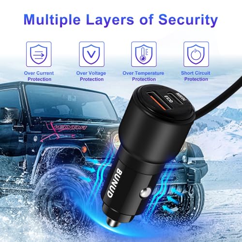 BUNUD Car Charger USB C Fast Charge, 66W Car Phone Charger, 4-in-1 & Coiled