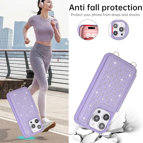 Crossbody Wallet Case for iPhone 12 Pro Max(6.7") with Detachable Strap - PU Leather Flip Folio with Card Slots & RFID Blocking, Sparkling Diamond Accents-Purple - color: Purple, size: iPhone 12 Pro Max(6.7")